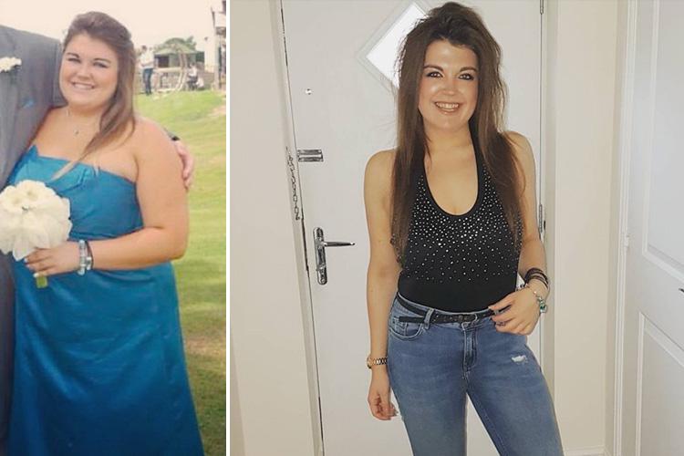  Chloe lost seven stone after her bridesmaid dress at her brother's wedding had to be specially adapted to fit her 17st frame, left