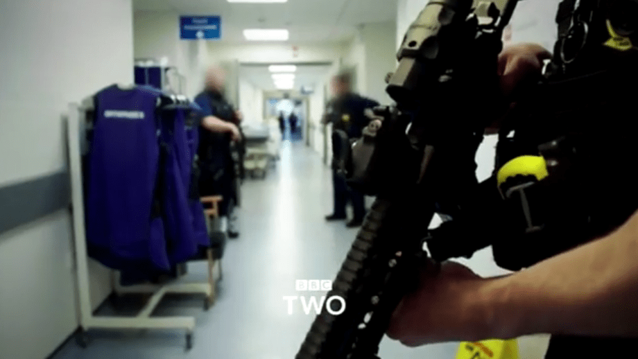 The documentary shows armed cops in the hospital