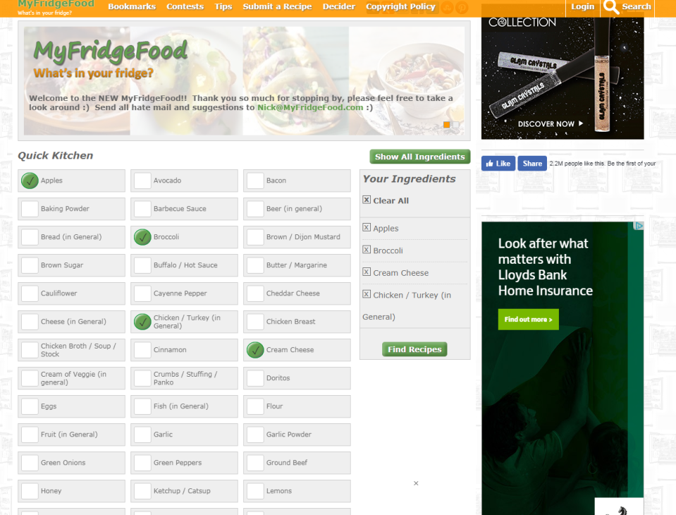 MyFridgeFood lets users give an inventory of their fridge’s content and gives them recipe options based on those items.