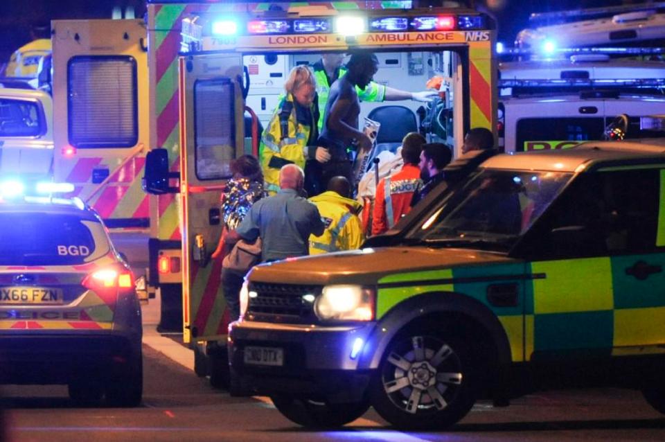  At least seven were killed and almost 50 injured when terrorists mowed a van through crowds before stabbing revellers