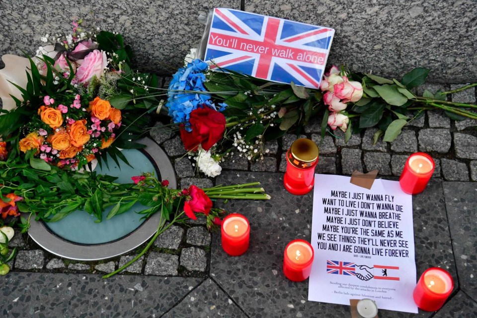 Flowers were laid along with a Union Jack flag outside the British Embassy in Berlin