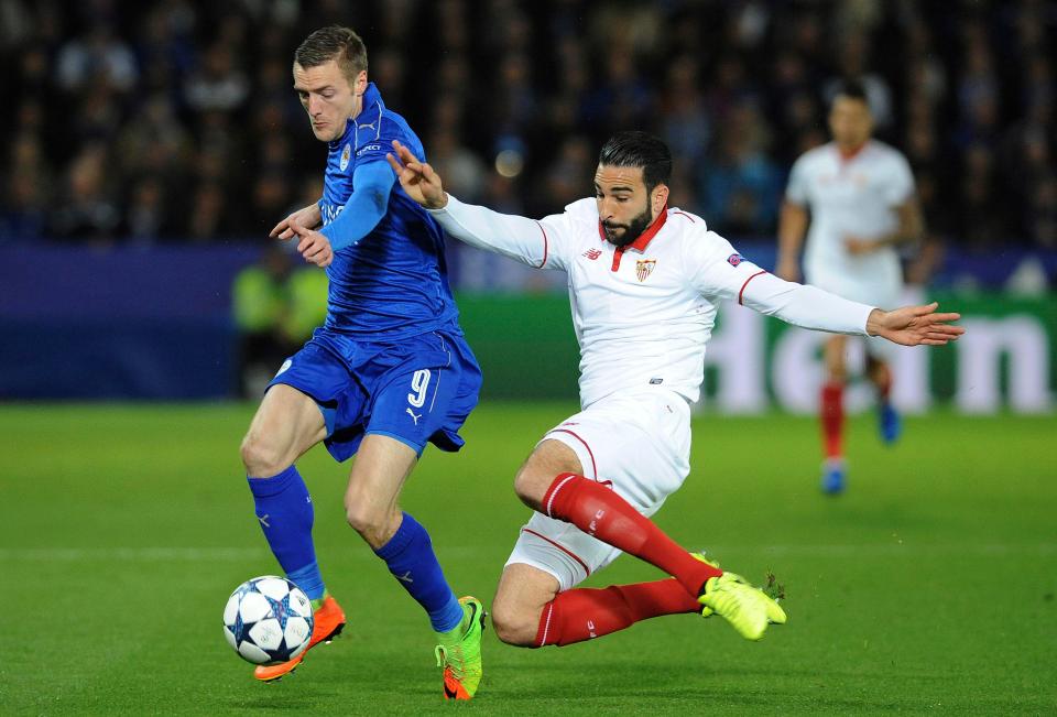  Adil Rami (right) in action against Leicester City in the Premier League