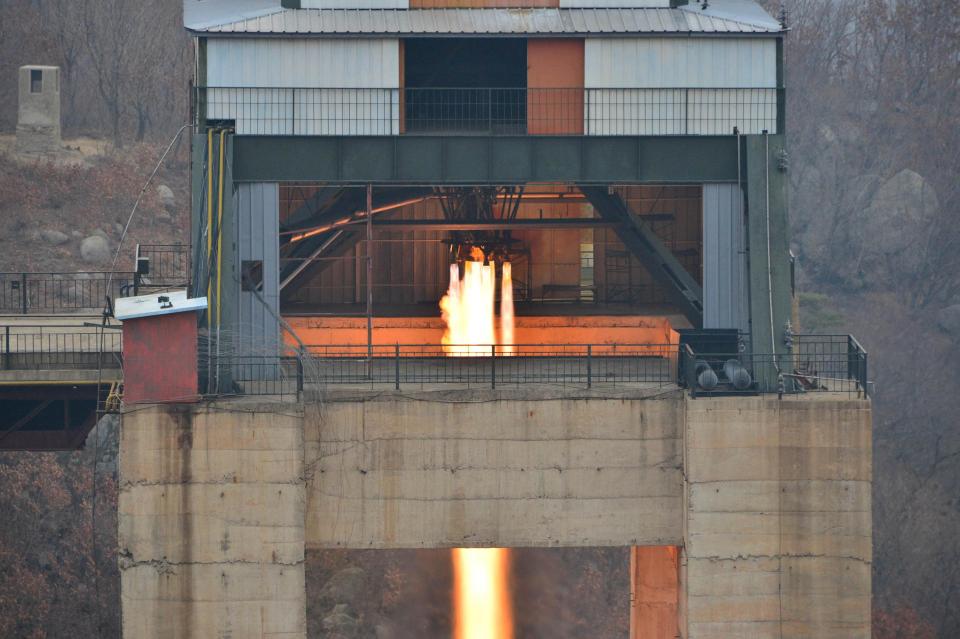  An earlier ICBM rocket engine test shown in a photo released by North Korea