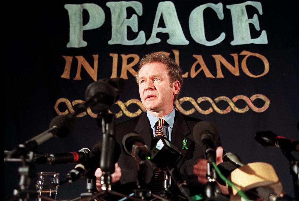  Sinn Fein's chief negotiator Martin McGuinness speaks at a press conference in London, February 28, 1998