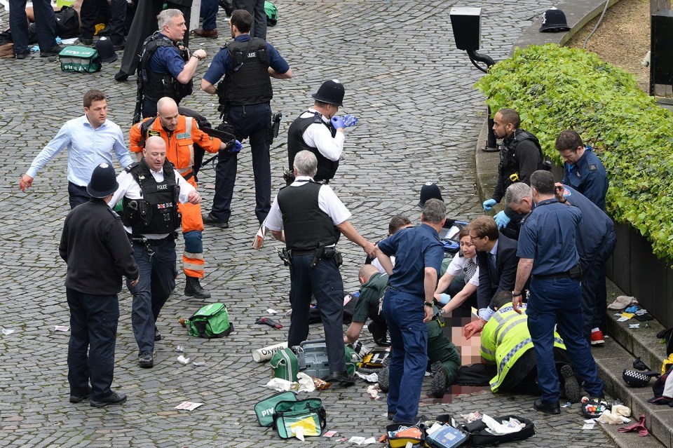 Conservative MP Tobias Ellwood (centre, in group at bottom right) helps emergency services attend to the murdered police officer at the scene