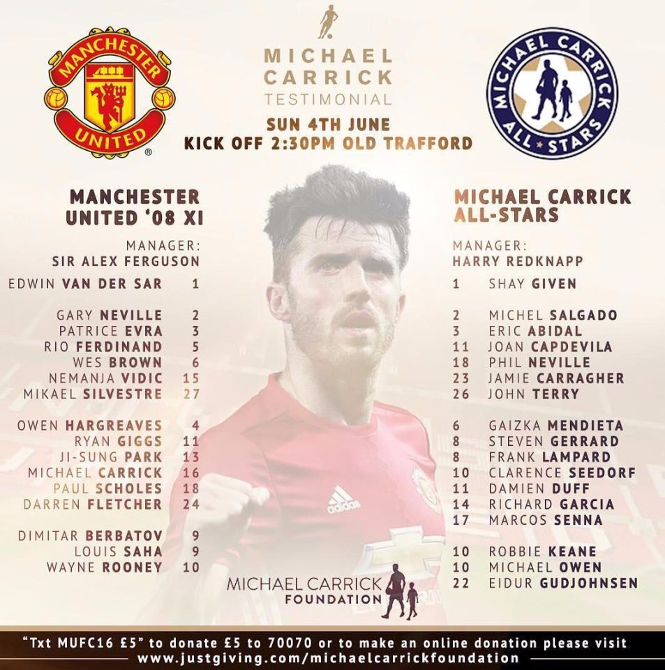  Carrick's testimonial game is on Sunday at Old Trafford