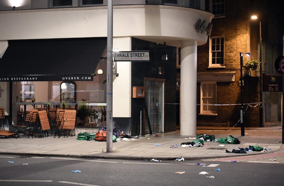 Medical kits are seen scattered outside a cafe around ten minutes walk west of Borough Market