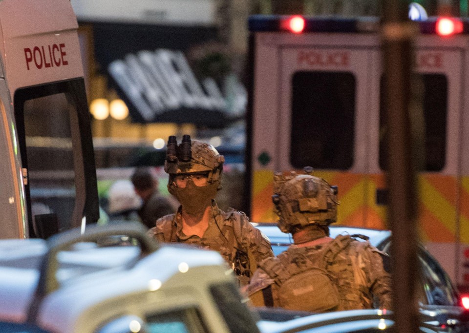 Masked military personnel patrol London Streets