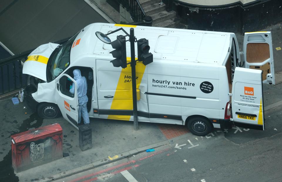  The van used to plough into pedestrians on London Bridge, as seen from The Sun offices