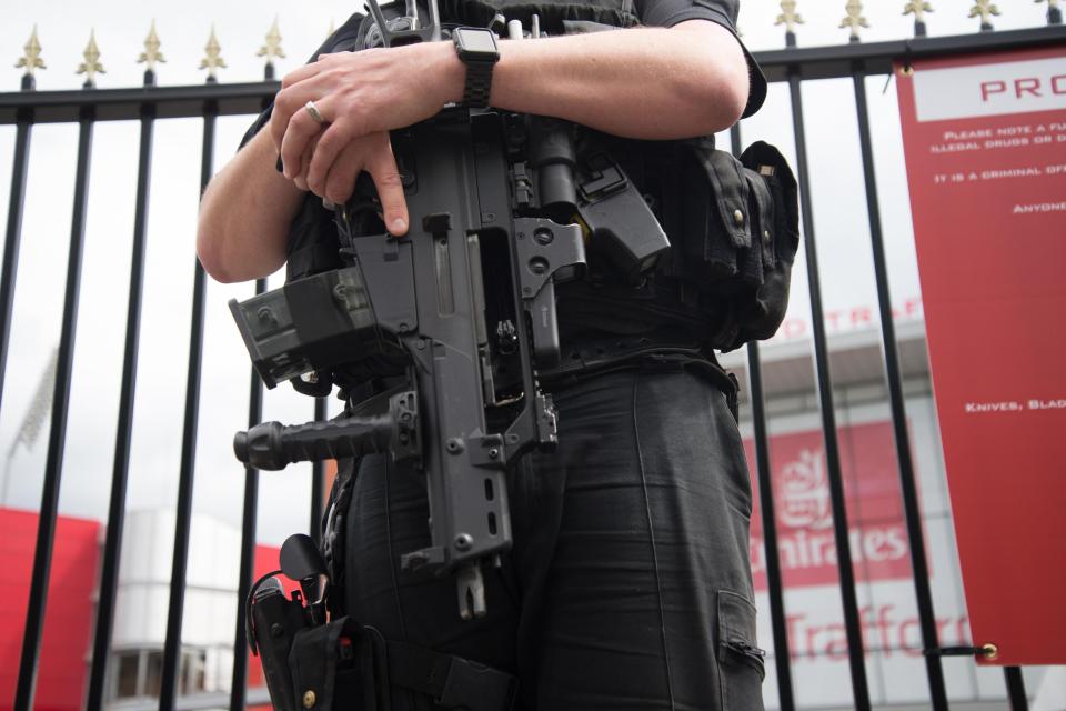  Heavily armed police are standing guard at the Ariana Grande concert this evening