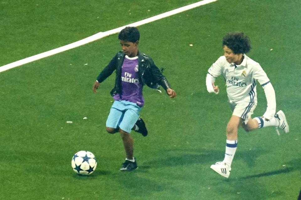  Cristiano Ronaldo Jnr enjoyed a kick-about during the Bernabeu celebrations