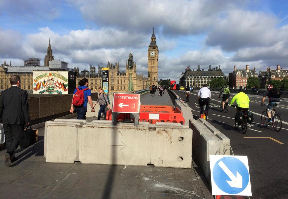  The concrete blocks bookend Westminster Bridge, which was the scene of a horrific attack in March