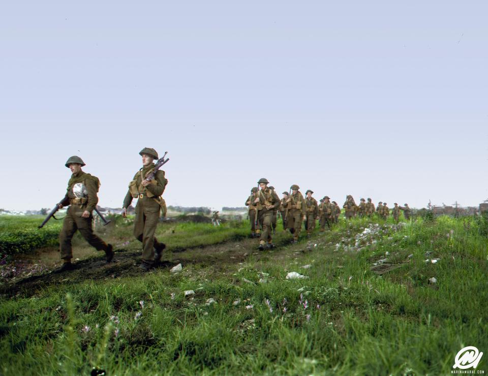  Canadian Men of the Royal Winnipeg Rifles on the march in Normandy. The Winnipegs 'B' Company and Royal Canadian Engineers 6th Field Company assault team worked together and suffered one of the highest beach casualties on the day of the landing, losing almost three-quarters of their men