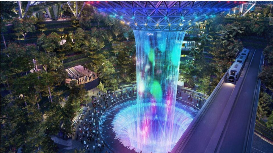  Changi Airport will soon feature a multi-coloured 131-foot waterfall called the Rain Vortex