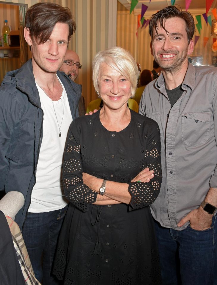  Helen Mirren poses alongside two former Doctor Who actors, Matt Smith (left) and David Tennant (right)