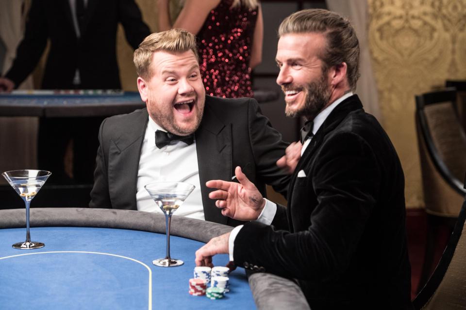  James Corden and David Beckham appear at a casino table during a James Bond skit on the Late Late Show