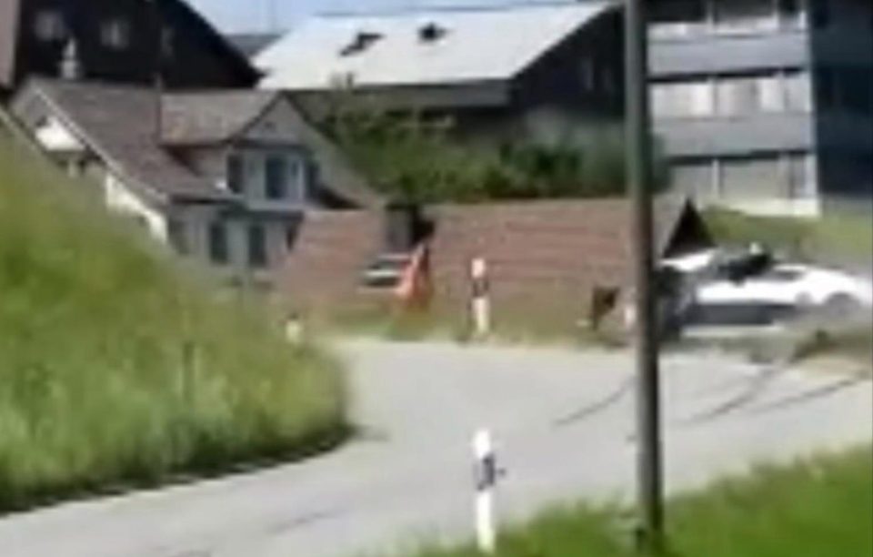  The car smashes into a roadside fence