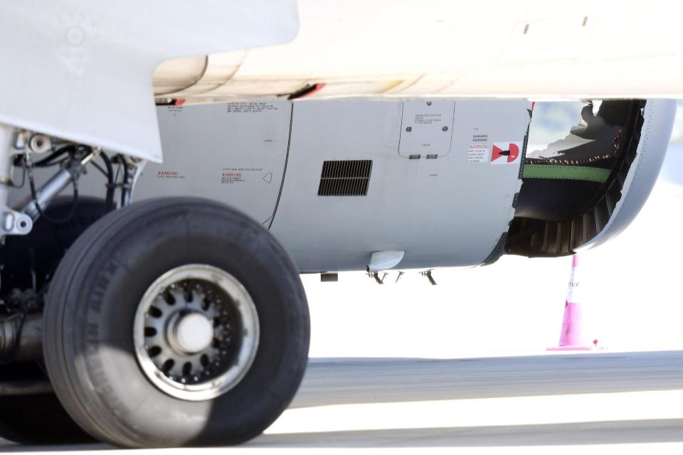  The huge hole in the engine pictured the following the day at Sydney International Airport