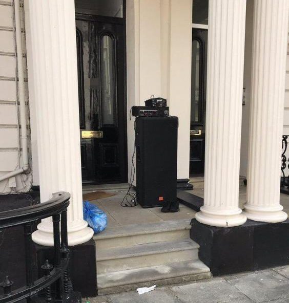 Part of a sound system was seen in the street outside the maisonette