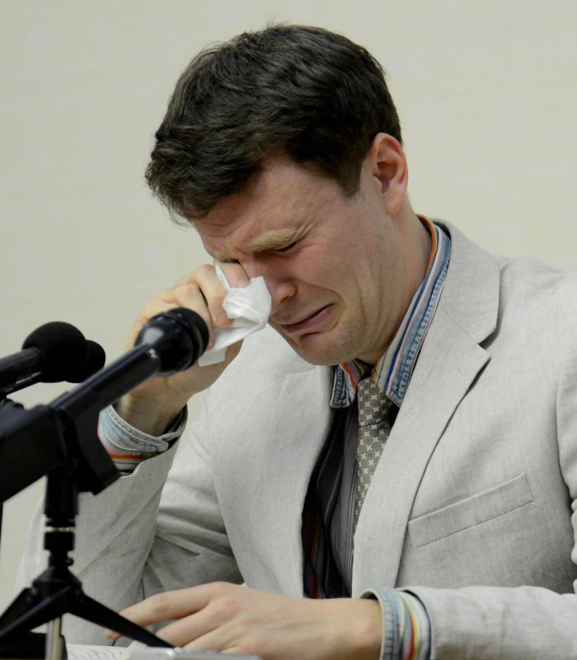  Otto crying during a staged 'confession' at the People's Palace of Culture in Pyongyang, North Korea