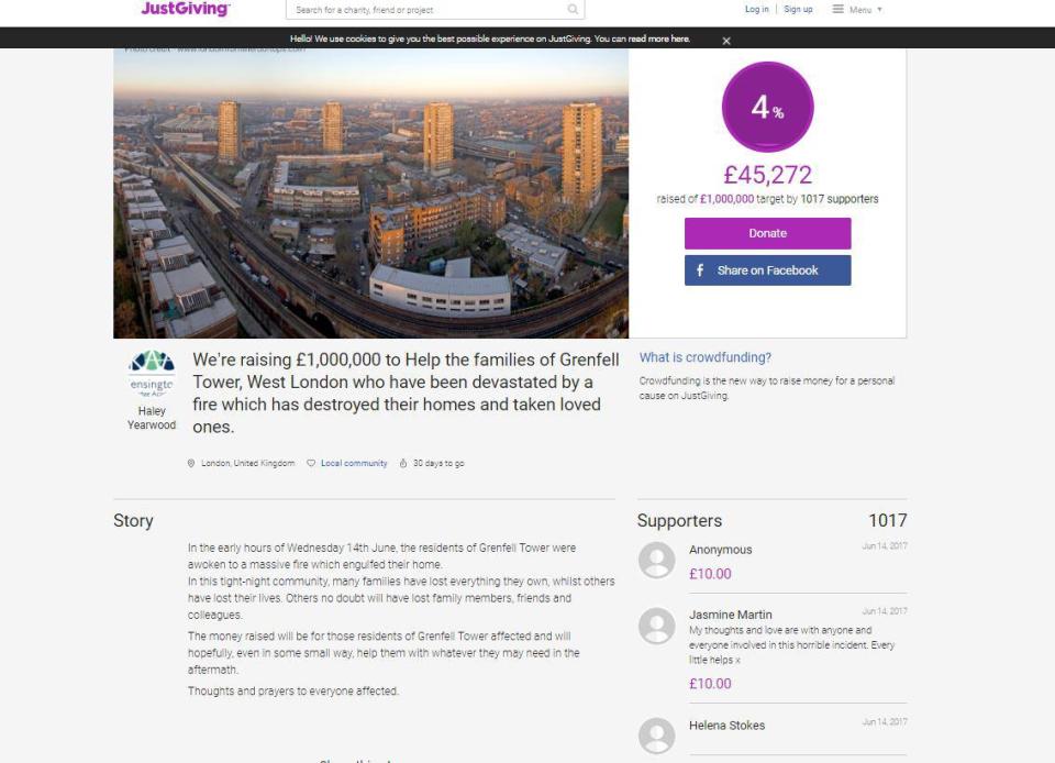  A JustGiving page has been set up today aiming to raise £1million for families left devastated by the fire