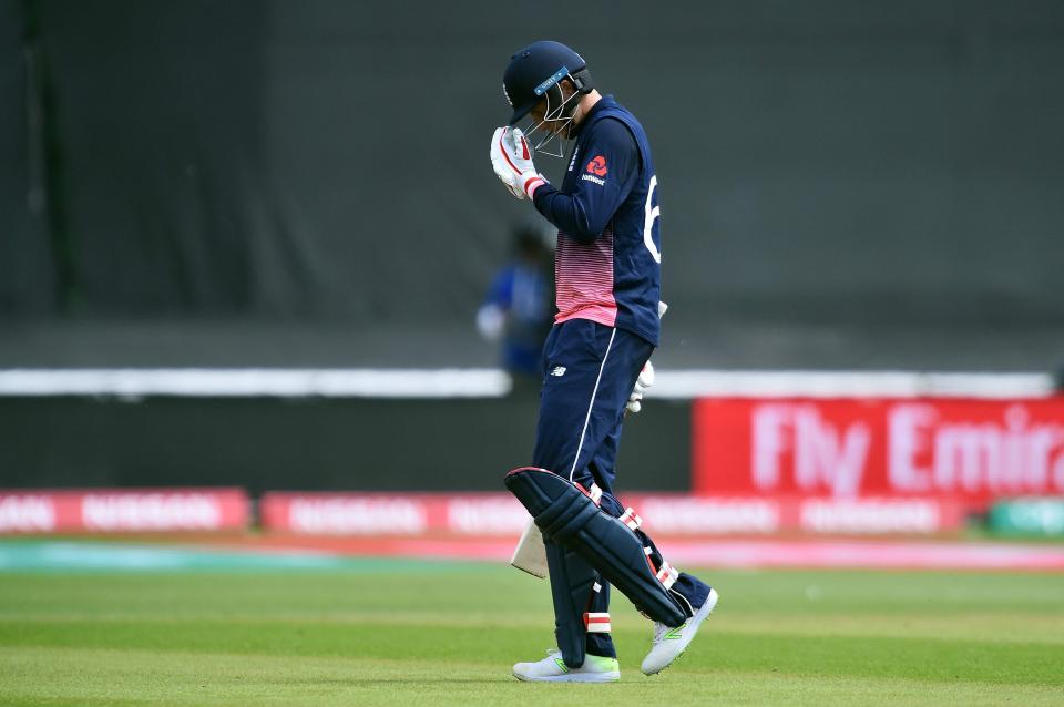  Joe Root shows his frustration after getting out as England toiled to put up just 211 runs