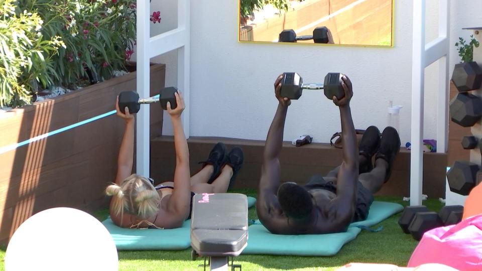  The couple that work out together....stay together: Marcel was hoping this was true as he worked up a sweat with Gabby