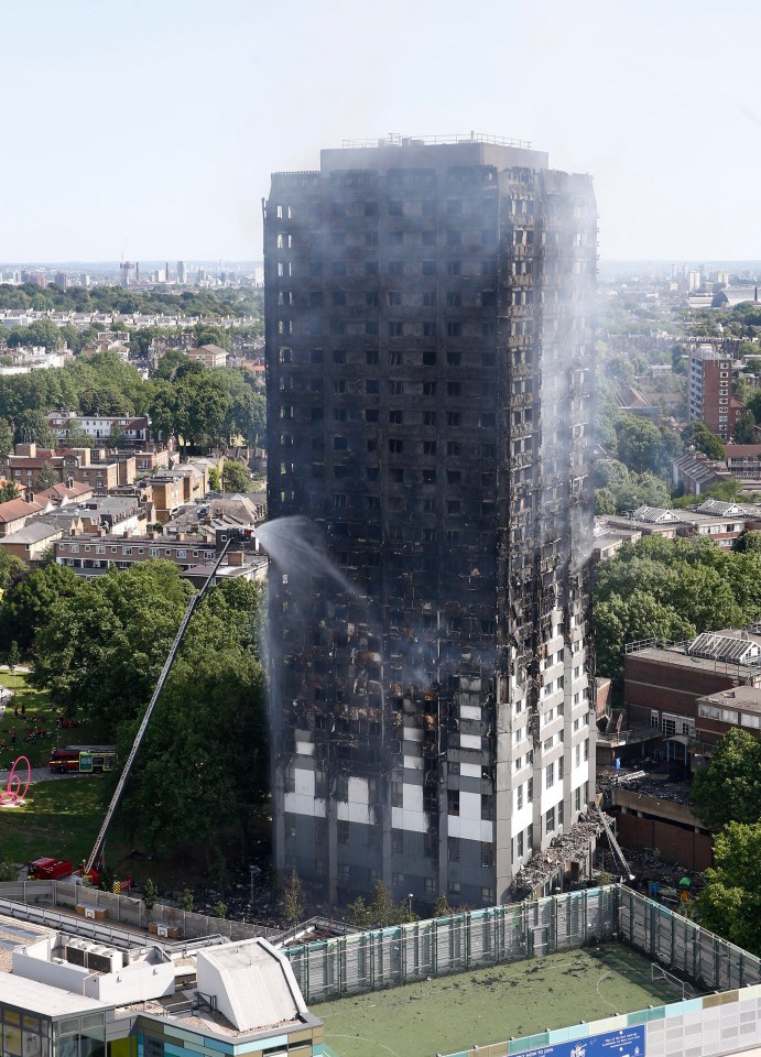 A charred shell is all that is left of the 120 flat tower in West London