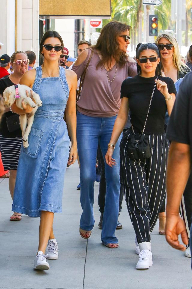  Kendall carries Caitlyn's puppy as the three stroll