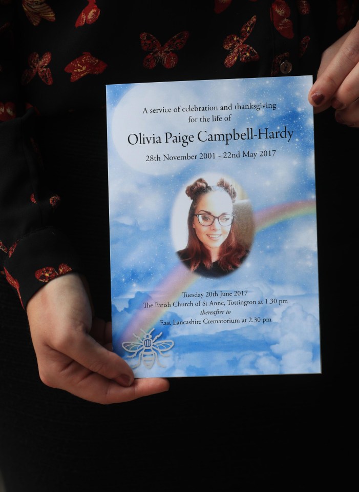 The order of service for Olivia’s funeral held up by a mourner