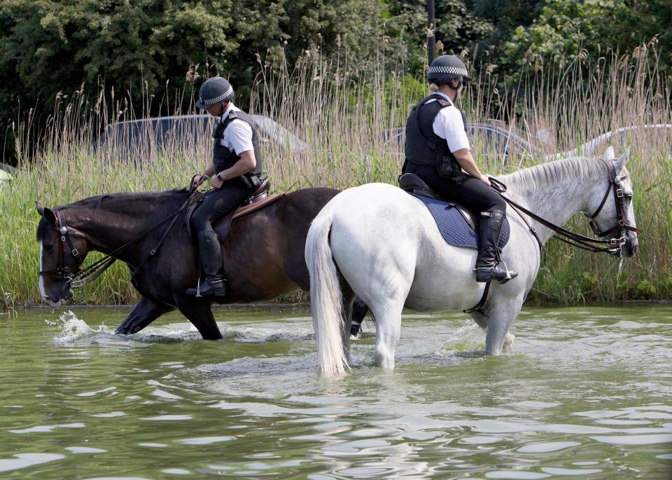  Two mounted police officers took to horsing around in a pond in Hampstead, London