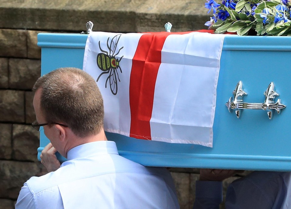 Olivia’s coffin was covered in a flag which had a bee – the symbol of Manchester on it