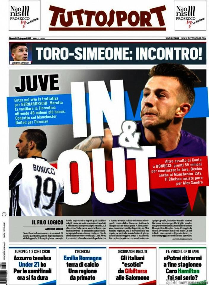  Tuttosport say Leonardo Bonucci is on his way out of Juventus