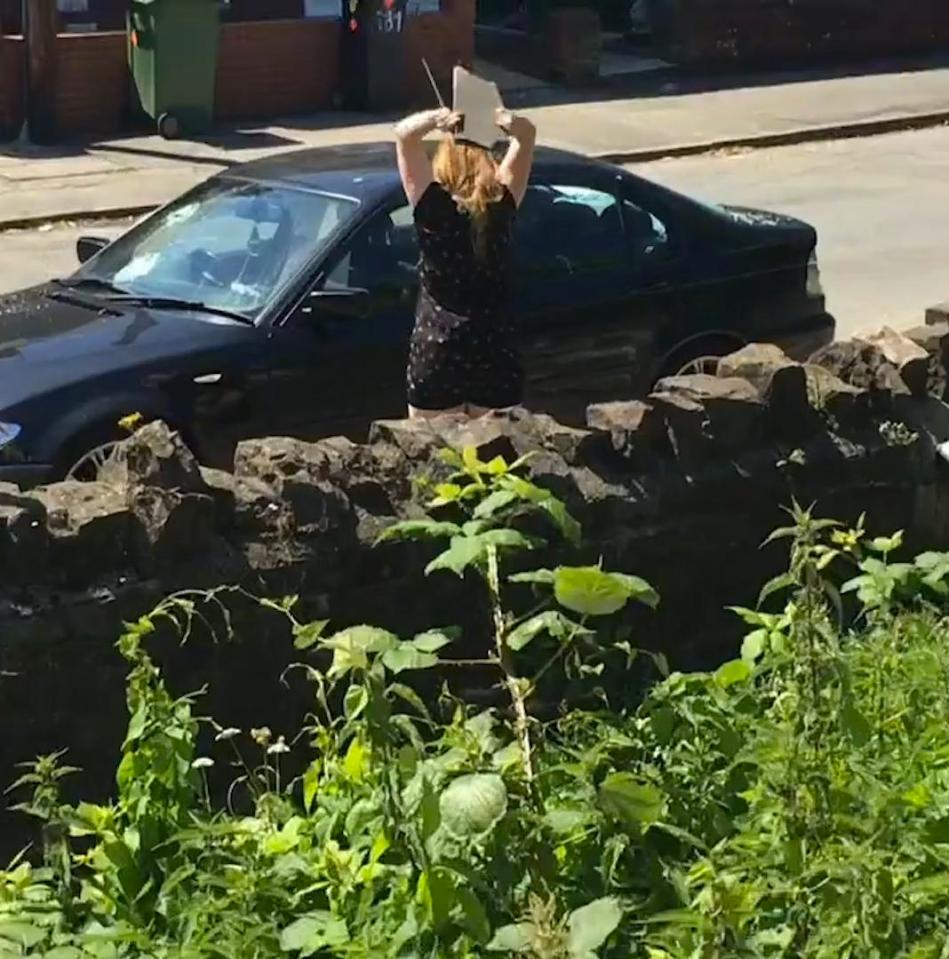  Video shows the mystery woman lifting a large stone above her head and lobbing it through the window of a BMW