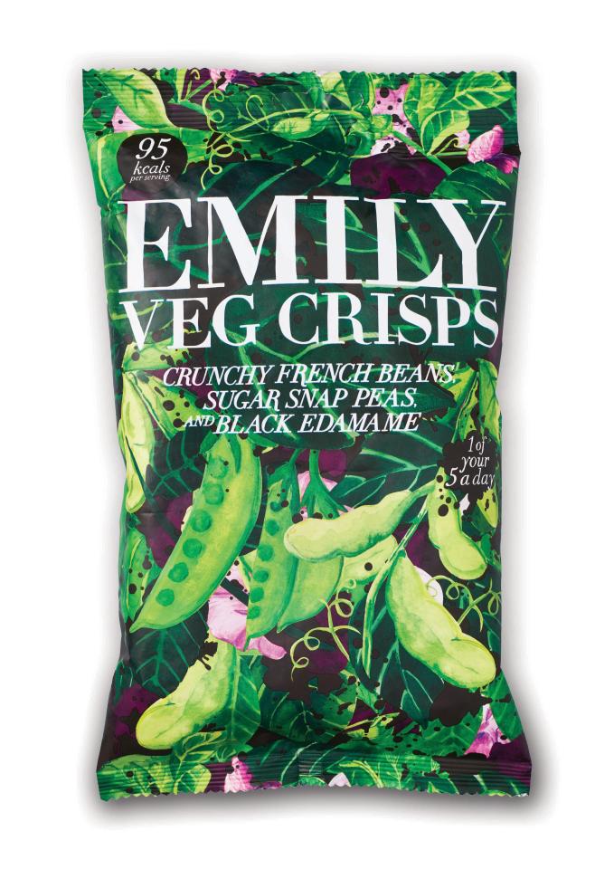  Emily Veg Crisps contain dried French beans, sugar snap peas and black edamame beans