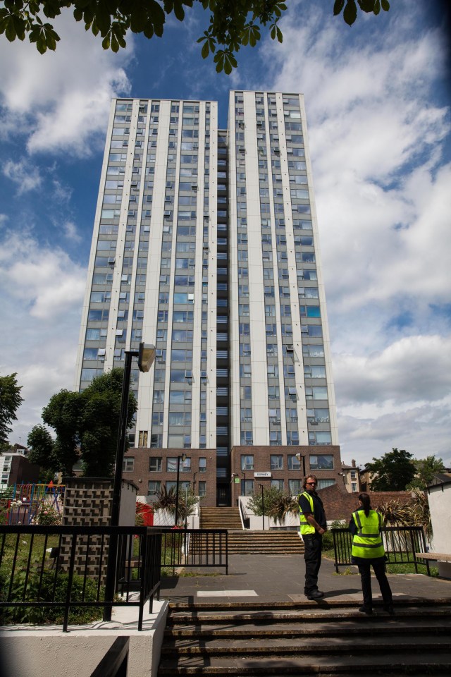 Police outside Chalcots yesterday after it was found five of the tower blocks used the same cladding as Grenfell