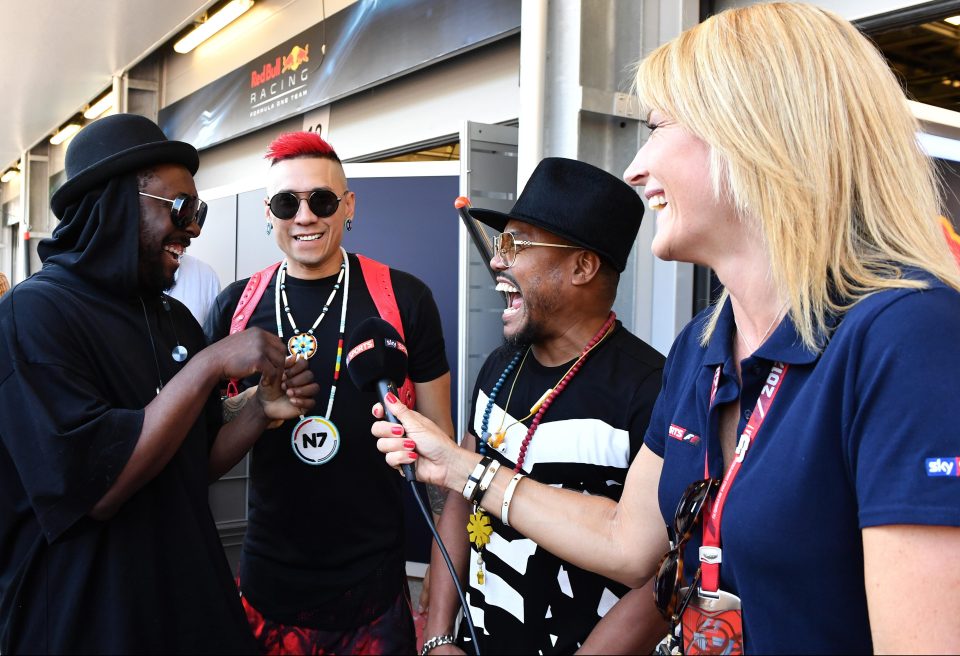  Sky Sports F1 reporter Rachel Brooks chats with the Black Eyed Peas in the pits at Azerbaijan