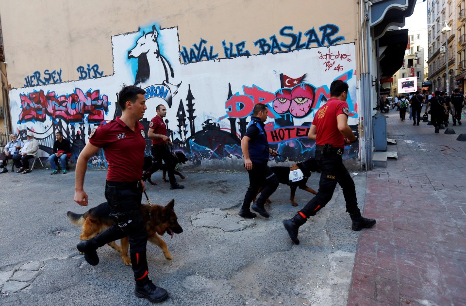 Police officers with dogs chase LGBTQ rights activists