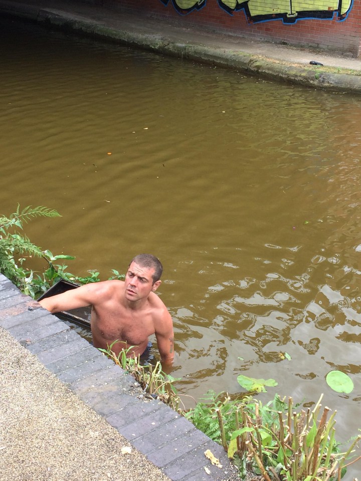 Stuart goes for a dip in the Bridgewater Canal in Eccles