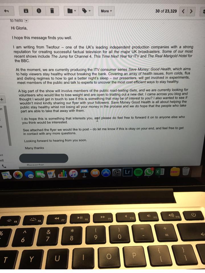  The email that Lottie received from the production company, which she said left her furious