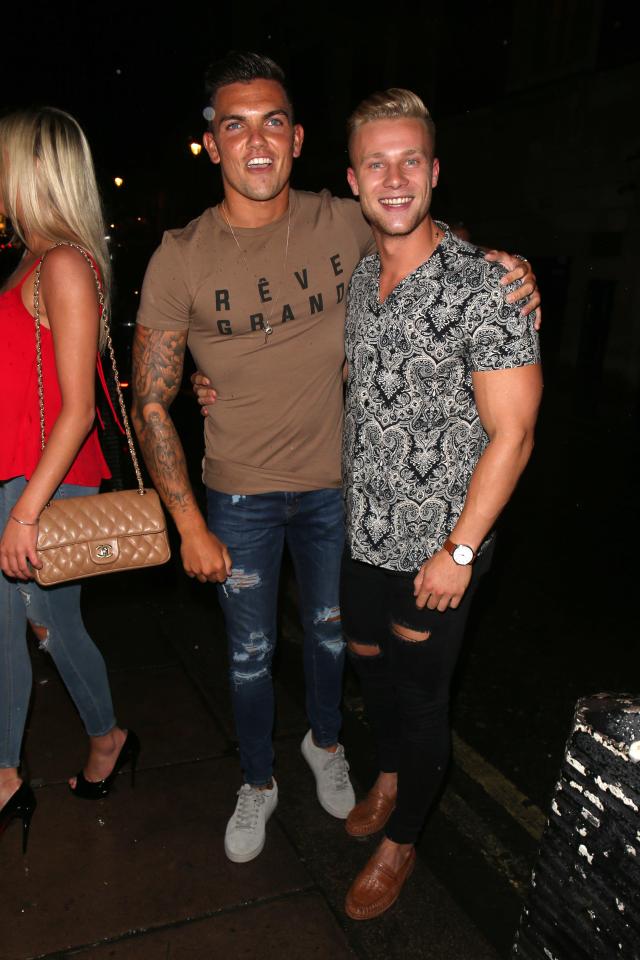  Sam Gowland, left, seemed happy to be back in the UK as he partied with former housemate Harley