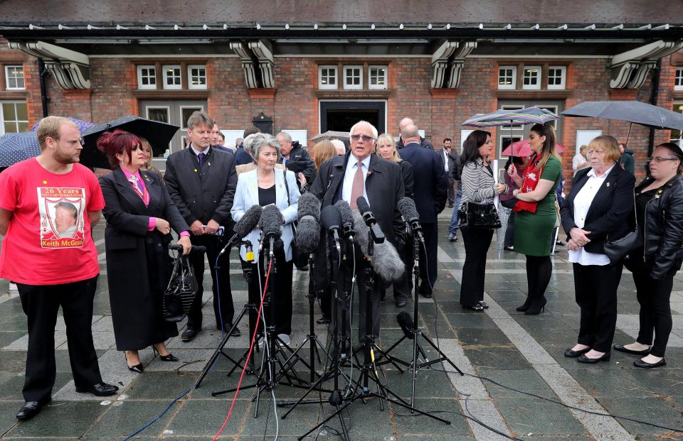  Relatives of the 96 Hillsborough victims address the media