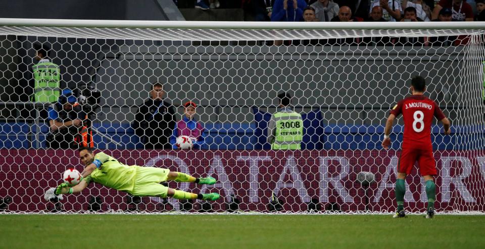  Claudio Bravo saved all three penalties he faced, including parrying away this effort from Joao Moutinho