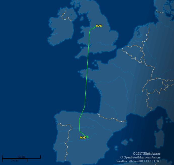  Flight tracking data shows the route of the private jet that flew from Madrid to Manchester on Wednesday evening