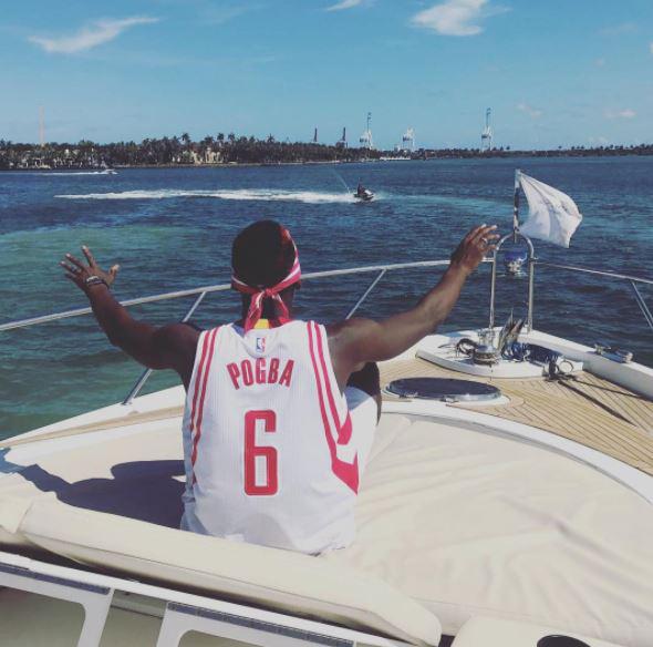  Pogba posed in a custom Houston Rockets jersey on a boat