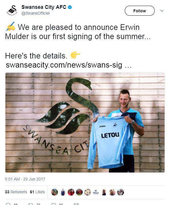  Swansea confirmed the news on Thursday