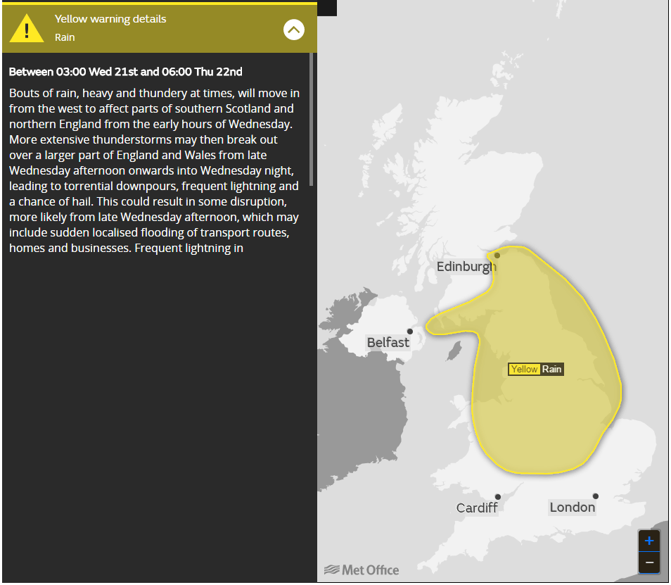  The Met Office issued a yellow weather warning for storms and torrential rain forecast to lash the country from tomorrow