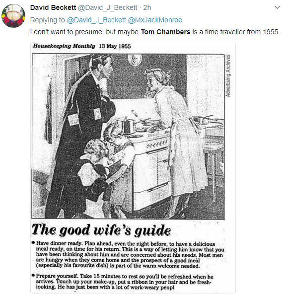  One person posted a tongue-in-cheek clipping from Housekeeping Monthly 1955