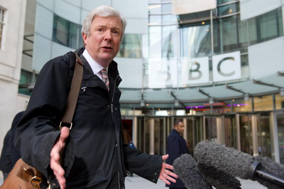  Director General Tony Hall speaks to the media outside the BBC's New Broadcasting House in central London