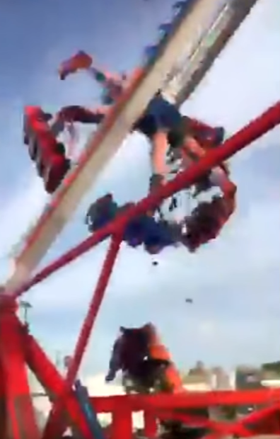  Horrific footage captured the moment a pod on a fairground ride came loose and sent thrill-seekers crashing to the ground